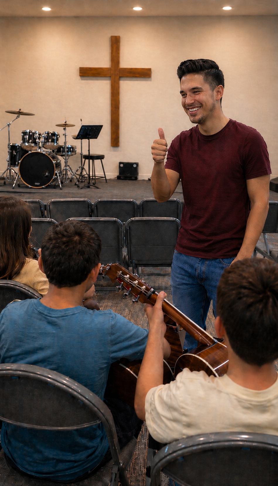 Music instructor teaching students in a church setting