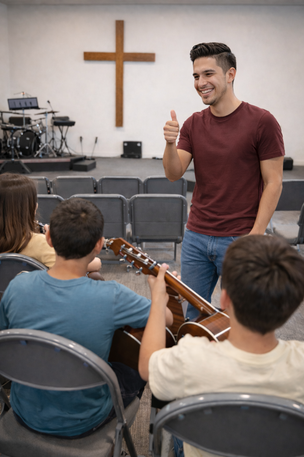 Music instructor teaching students in a church setting