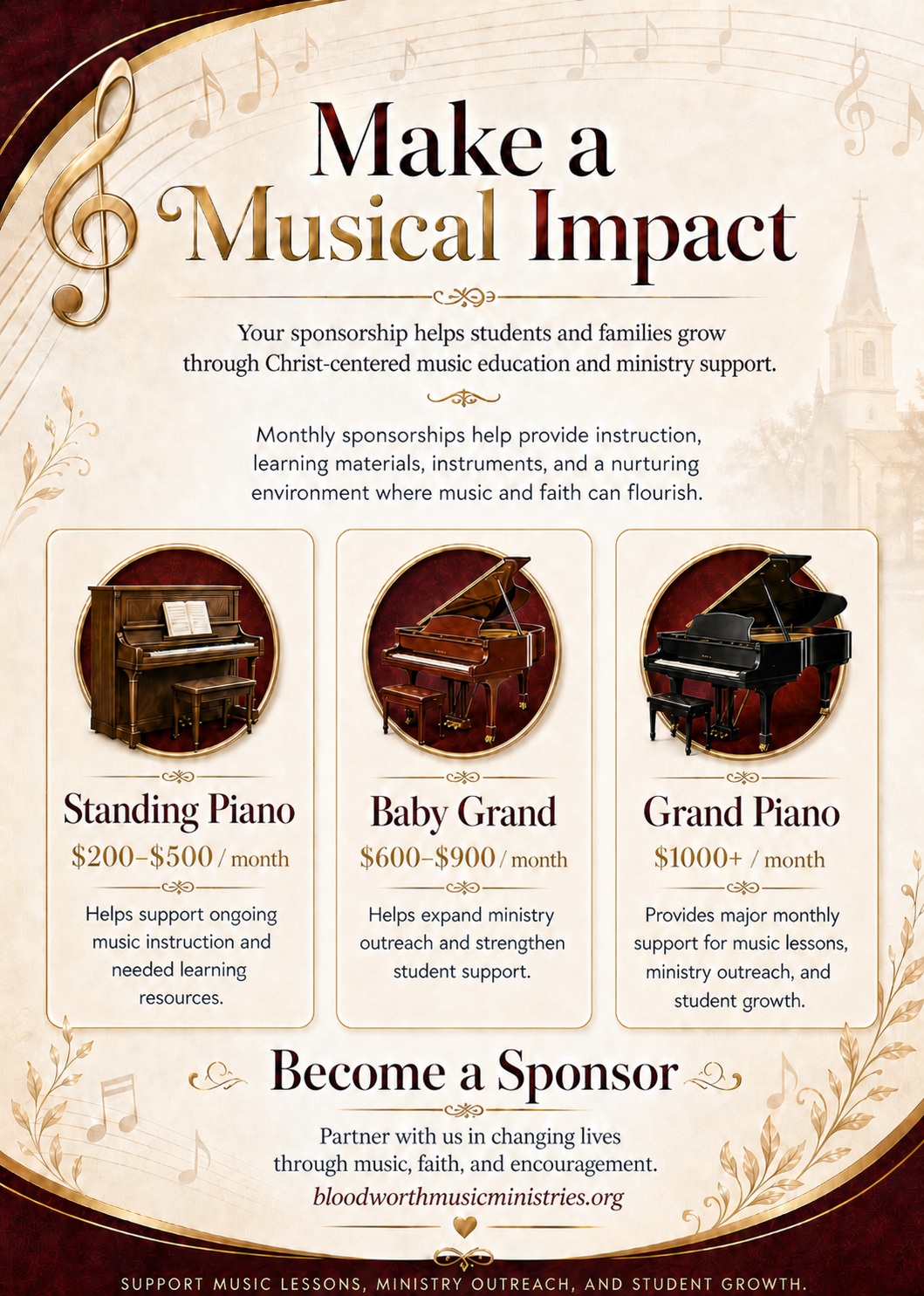 Make a Musical Impact sponsorship poster showing monthly sponsor tiers for Standing Piano, Baby Grand, and Grand Piano support.